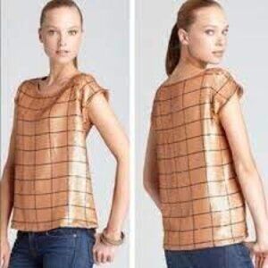 Joie “Elan” Rose Gold and Black Sequins Windowpane Plaid Short Sleeve SilK Tee